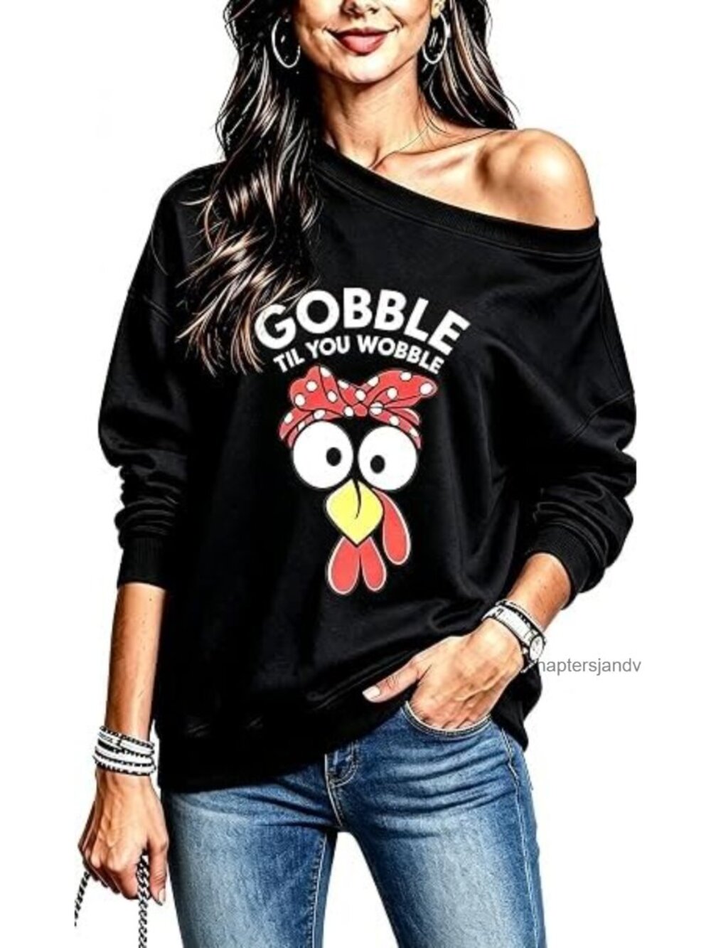 Off Shoulder Slouchy Thanksgiving Turkey Graphic Sweatshirt Loose Pullover